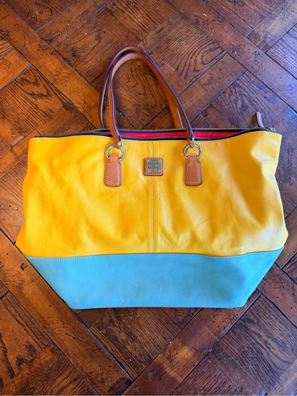 Dooney & Bourke Yellow and Aqua Colorblock Leather Tote